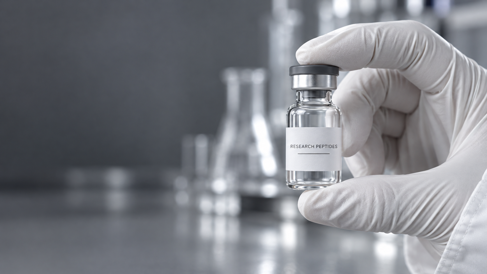 Clear research vial held with a white laboratory glove